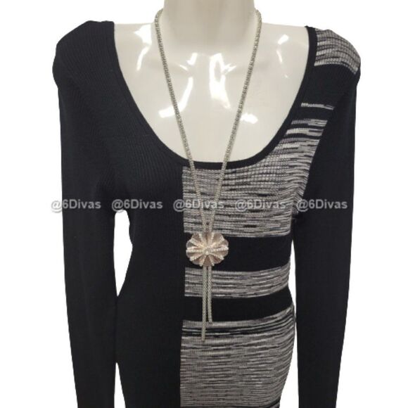 Black and White Bodycon Dress Long Sleeve Knit Sweater Sexy Spring Dress -Size L - Picture 2 of 8